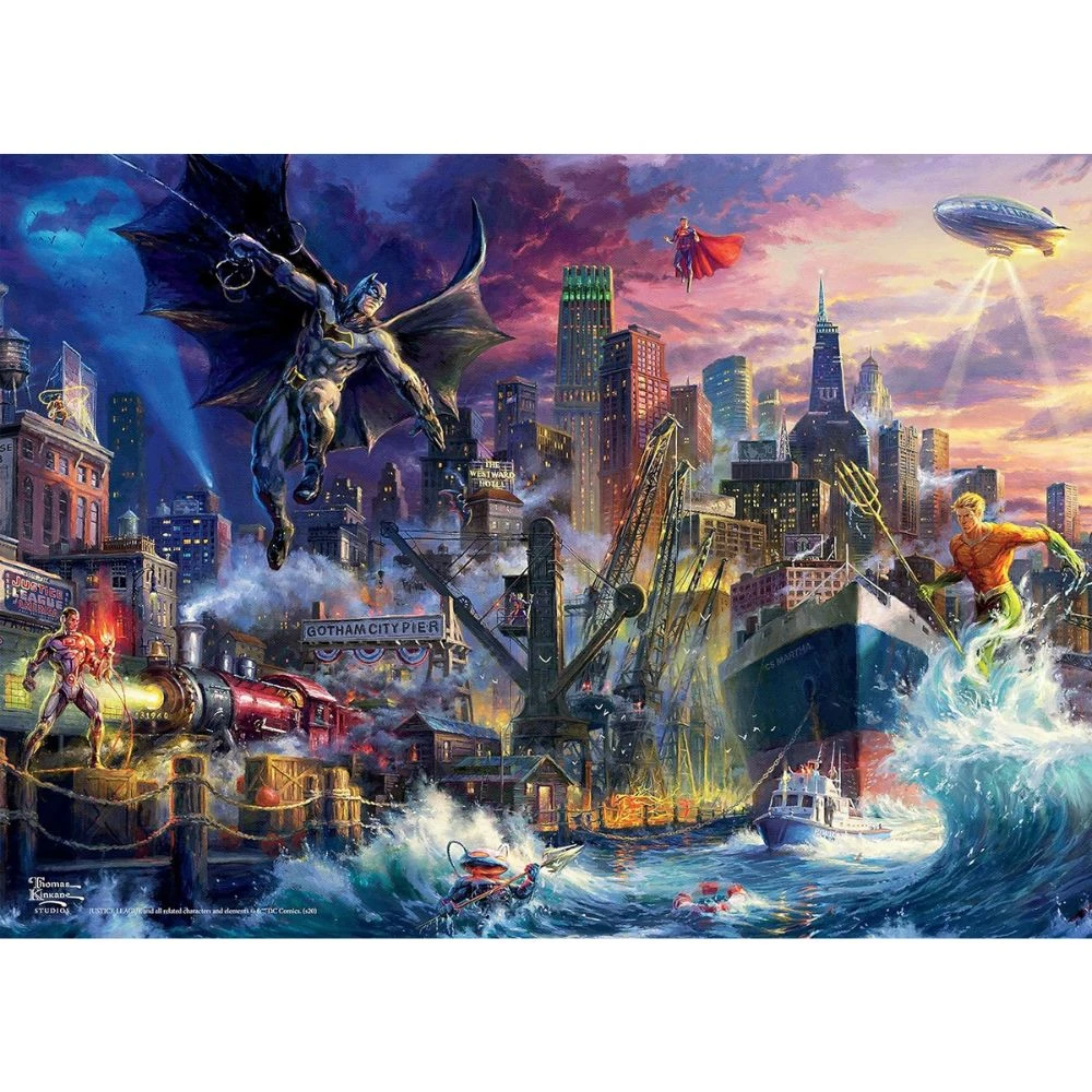 DC Comics X Thomas Kincade - Justice League Showdown At Gotham Pier 1000 Piece Puzzle 4 DC Comics X Thomas Kincade - Justice League Showdown At Gotham Pier 1000 Piece Puzzle - Image 2
